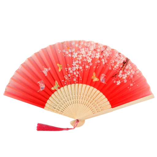 Evantai din bambus pentru femei chinezești, 21 cm, roșu, cu ramură înflorită și fluturi Accesorii tradiționale din Asia Decorat pentru dans