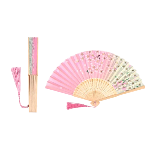 Evantai din bambus pentru femei chinezesti 21 x 38 cm Evantai roz si galben cu flori de copac Decor oriental Accesoriu de vara Dans