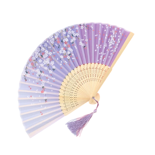 Evantai din bambus pentru femei chinezești 21 x 38 cm Evantai violet cu flori de copac Accesoriu oriental elegant Decorare de perete în stil