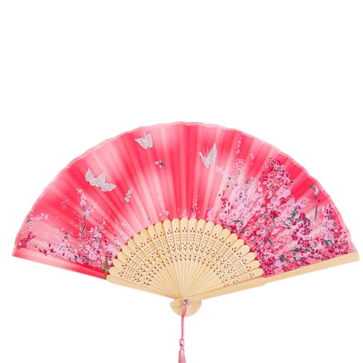 Evantai pliabil de damă chinezească roz cu motiv floral și fluturi Evantai elegant din bambus Raza 21 cm Decor tradițional oriental