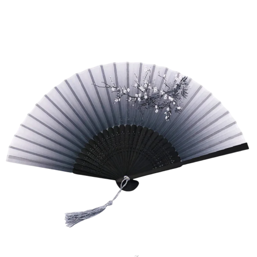 Éventail en bambou pliant pour femmes chinois Éventail gris avec une branche fleurie Accessoire élégant Danse Décoration Photographie Costume