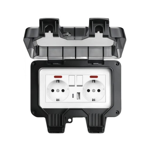 Εξωτερική διπλή πρίζα με καπάκι, διακόπτη, USB-C και USB-A, 16 A, 220 V, αδιάβροχη IP66, μαύρη, επιτοίχια για κήπο, βεράντα και γκαράζ