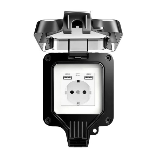 Εξωτερική πρίζα αδιάβροχη IP66 με 2x USB, 16A/220V, διαστάσεις 11 x 11 εκ., πλαστική θήκη, μαύρη, για τοίχο στον κήπο, στη βεράντα ή στο γκαράζ