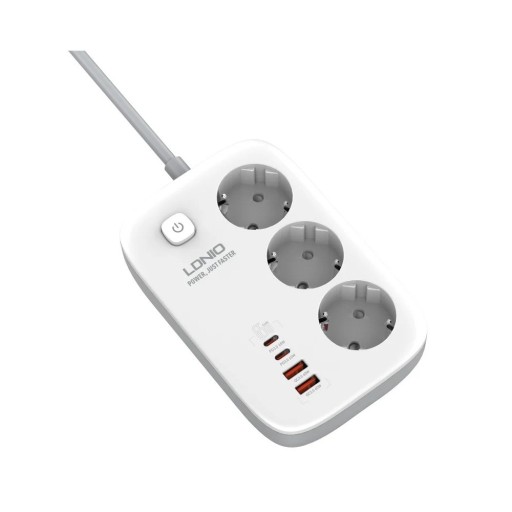 Extension Lead 3× EU Socket + 2× USB-C and 2× USB-A 2 m Fast Charging White for Home and Office Use