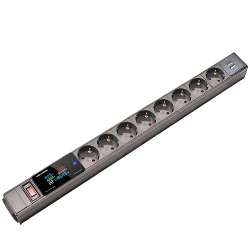 Extension Lead with Display and Power Meter 8 EU Sockets 52.8 cm Aluminium Alloy + PC Grey for Home and Office
