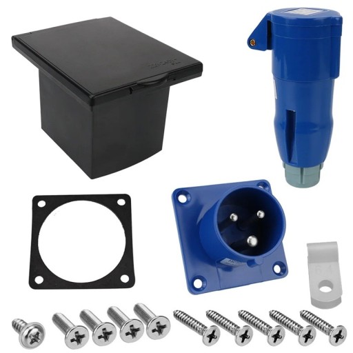 Externe eingelassene Steckdose für Wohnwagen und Wohnmobile 220V 240V 16A mit Abdeckung wasserdicht IP44 Hauptanschlusssteckdose Kunststoff Metall schwarz blau