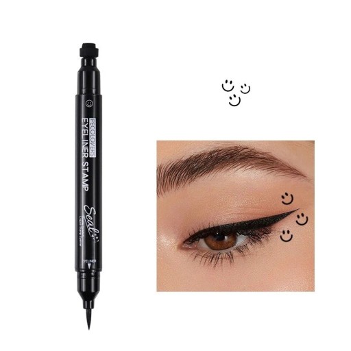 Eyeliner lichid dublu față 2 în 1, rezistent la apă, cu marker negru și tampon în formă de smiley pentru linii precise și motive decorative