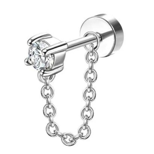 Ezüst piercing gyémánttal és lánccal 0,8 mm x 6 mm x 10 mm orvosi rozsdamentes acélból készült fülbevaló érzékeny fülekhez