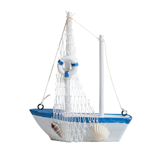 Fából készült dekoratív vitorlás hajó hálóval és mentőgyűrűvel 11x3x13,5 cm kék fehér tengeri dekoráció az enteriőrbe