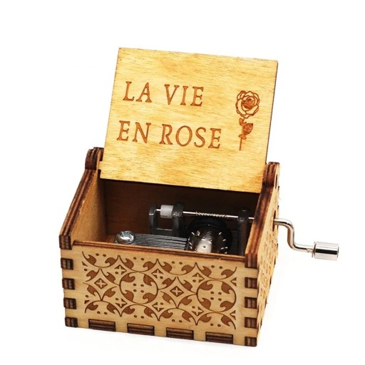 Fából készült zenélő doboz felirattal La Vie En Rose kézi felhúzás 6,4 × 5,2 × 4,2 cm természetes fa gravírozás dekoráció ajándék