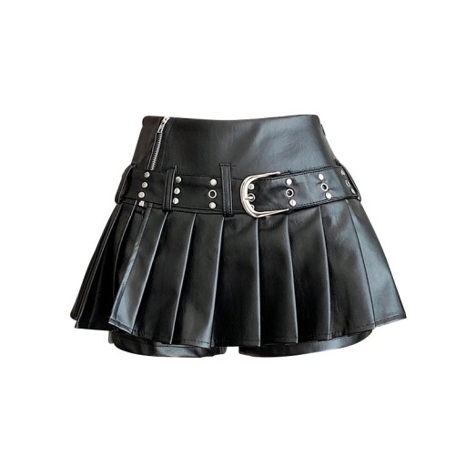 Falda gótica negra de piel sintética con corte en A para mujer, minifalda plisada con cintura alta, estilo punk rock elegante para fiestas y uso informal.