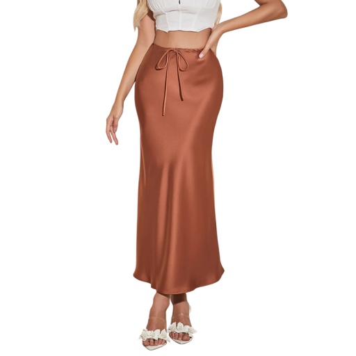 Falda larga de satén con cintura alta, elegante falda de mujer con cordones, falda brillante para mujer, ropa de noche y fiesta.