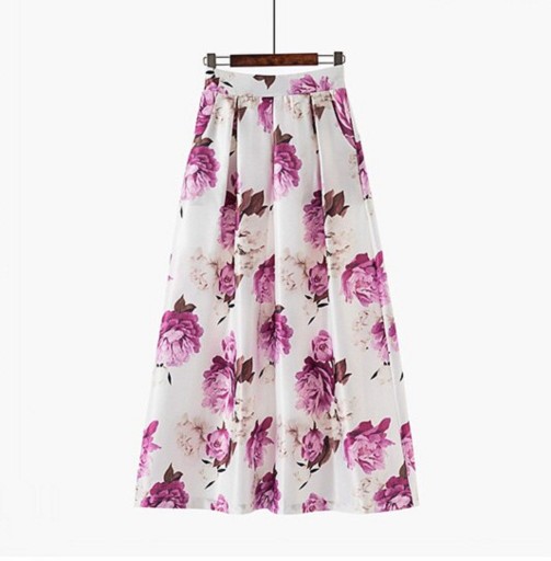 Falda larga maxi para mujer con estampado Corte en A con pliegues Cintura ancha alta Bolsillos laterales Mezcla elástica de poliéster y elastano