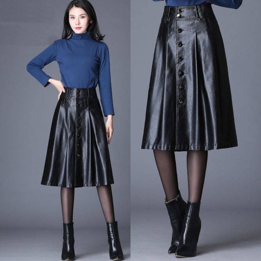 Falda midi de piel sintética para mujer con botones