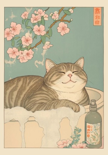 Fali kép 50 x 70 cm Relaxáló cirmos macska a fürdőben Japán esztétika Vászonnyomat Keret nélkül Stílusos lakásdekoráció