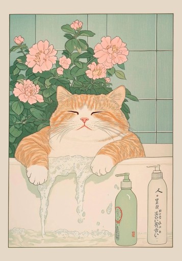 Fali plakát 20 x 30 cm Narancssárga macska habfürdőben Japán stílus Nyomtatás puha vászonra Keret nélkül Aranyos dekoráció