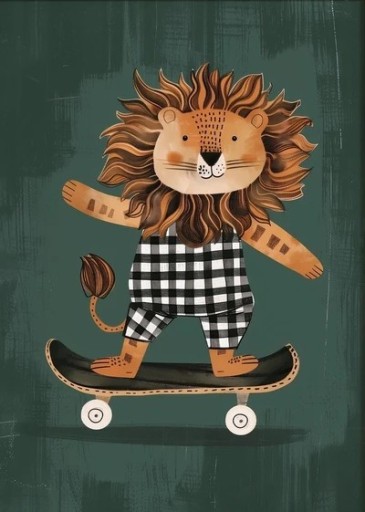 Fali plakát 20 x 30 cm Oroszlán gördeszkán Illusztrált kép vászonra Zöld háttér Gyerek dekoráció a szobába Keret nélkül