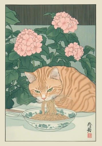 Fali plakát 20 x 30 cm Vörös macska eszik tésztát Japán illusztráció Vászonnyomtatás Keret nélkül Aranyos kép konyhába és szobába