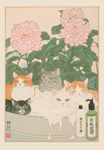 Fali plakát 30 x 42 cm Macskák habzós fürdőben Japán illusztráció Vászonnyomtatás Játékos lakásdekoráció Modern kép Keret nélkül