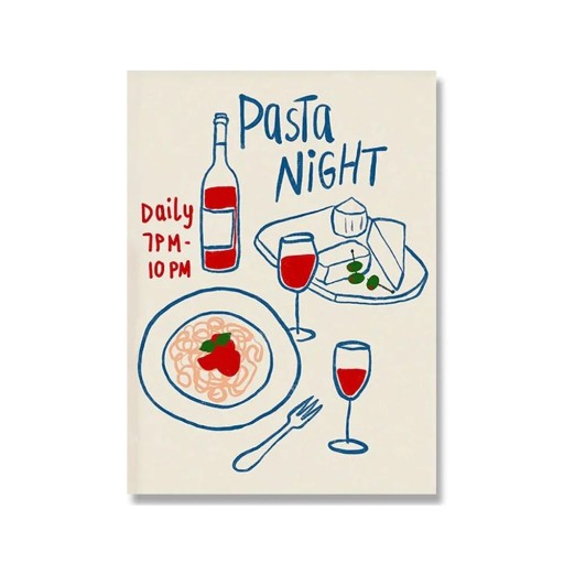 Fali plakát tésztával és borral 50 x 70 cm vászonnyomtatás színes motívum puha kivitel keret nélkül étterem dekoráció