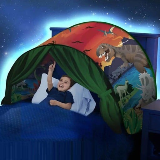 Fällbar barn tält för säng 220 x 80 cm Mjuk dröm tält med dinosaurier Magisk plats för läsning och lugn insomning för små dinosauriefantaster