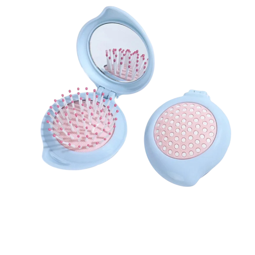 Fällbar resekam med spegel 8 x 7 x 3 cm Droppformad presskam med runda tänder Massageborste för handväska