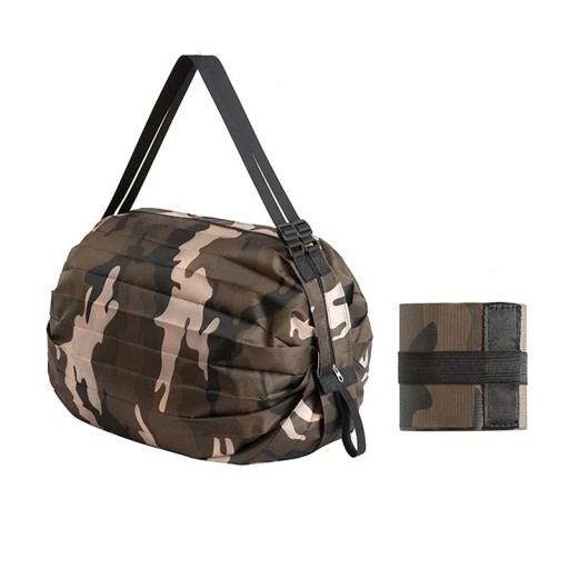 Fällbar shoppingväska STACEYO vattentålig nylon med dragkedja och justerbar rem utfälld 40 x 40 cm kaffe camouflage för shopping och resor