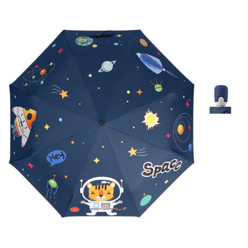Faltbarer Kinderregenschirm 48–53 cm Blauer Weltraum Rakete Tiger Leichter kompakter Regenschirm gegen Regen Reise-Regenschirm für Schule Kindergarten Ausflüge