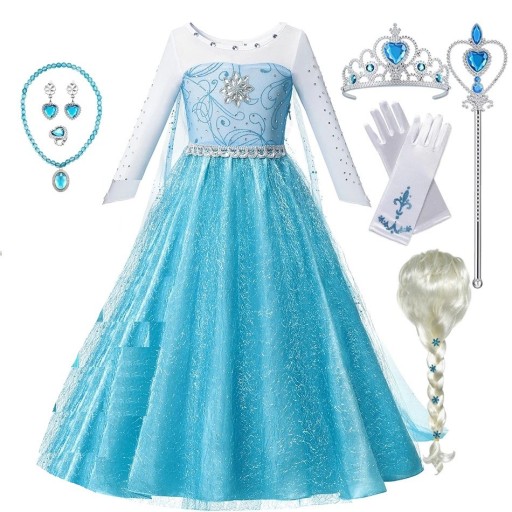 Fantasia da Elsa do Reino do Gelo com Acessórios Fantasia para Meninas Cosplay Fantasia de Carnaval Máscara de Halloween Vestido da Elsa do Reino do Gelo