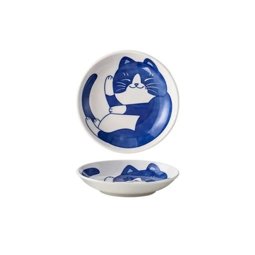 Farfurie ceramică 2 x 10 cm, formă de picătură de apă, stil japonez, farfurie de sushi, sos de desert, model de pisică fericită întunecată, veselă