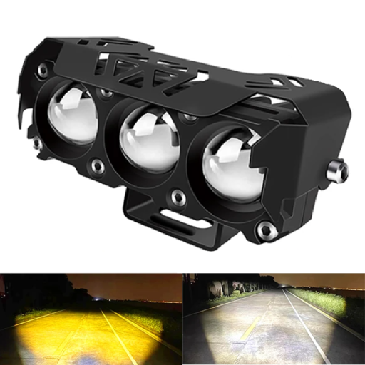 Faro LED de tres puntos para motocicletas Luz alta blanca y luz baja amarilla IP67 Cuerpo de aluminio CC/CA 10–80 V Iluminación duradera