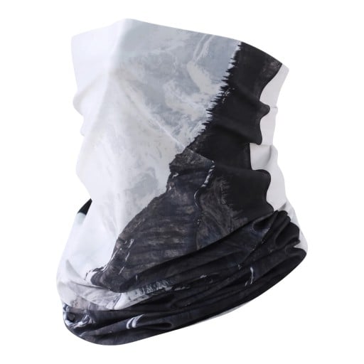 Fascia per il collo con stampa di paesaggio montano in bianco e nero come sciarpa e scaldacollo per escursionismo, ciclismo e pesca