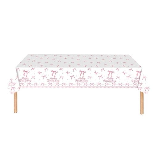Față de masă 137 x 274 cm La mulți ani Fundițe roz Față de masă aniversară Decorațiune de masă de unică folosință pentru petrecere