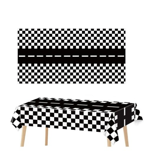 Față de masă 137 x 274 cm Model de șah cu temă de cursă cu drum în mijloc Decor de petrecere pentru aniversarea copiilor