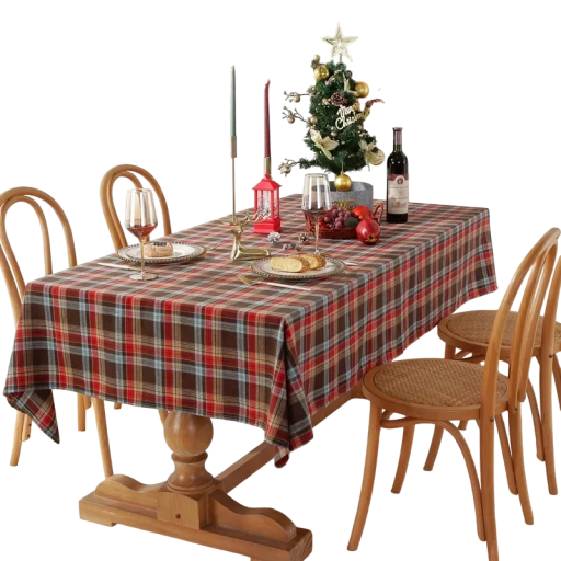 Față de masă de Crăciun în carouri 140 × 300 cm Față de masă țesut colorat pentru masa de dining decorativ în nuanțe de maro și roșu pentru servirea mesei acasă și sărbători