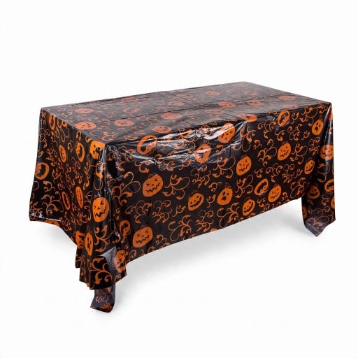 Față de masă de Halloween pentru masă cu motiv de dovleci Rectangular 130 x 220 cm Suprafață lucioasă Negru cu dovleci portocalii Decorațiune