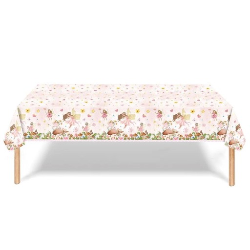 Față de masă de petrecere cu motiv de zâne și flori 137 × 274 cm, față de masă oblong, decor roz pentru masă pentru petrecerea de ziua de naștere și petrecerea copiilor