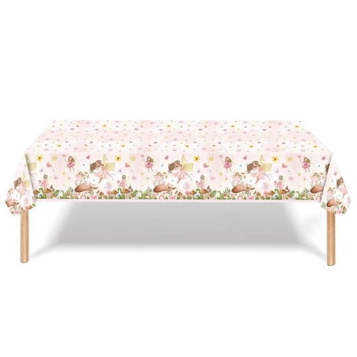Față de masă de petrecere cu motiv de zâne și flori 137 × 274 cm, față de masă oblong, decor roz pentru masă pentru petrecerea de ziua de naștere