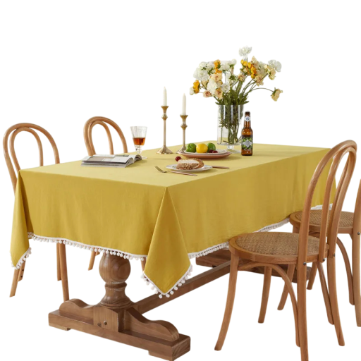 Față de masă din bumbac cu ciucuri decorativi în formă de bile 110 × 170 cm Față de masă cusut, lavabil pentru masa de dining, pentru nuntă, petrecere, banchet