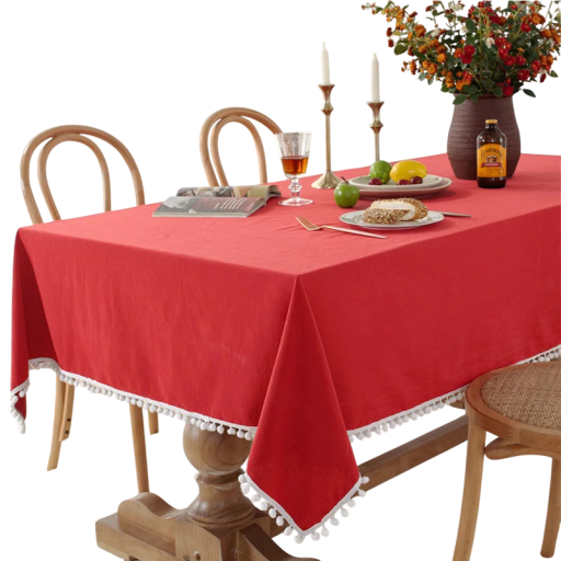Față de masă din bumbac cu ciucuri decorativi în formă de bile 140 × 200 cm Față de masă cusut, lavabil pentru masa de dining pentru nuntă, petrecere, banchet
