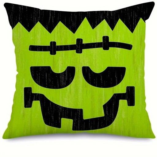 Față de pernă de Halloween Jolly, decorativă, cu fermoar, cu o singură față, verde, Frankenstein, 45x45cm