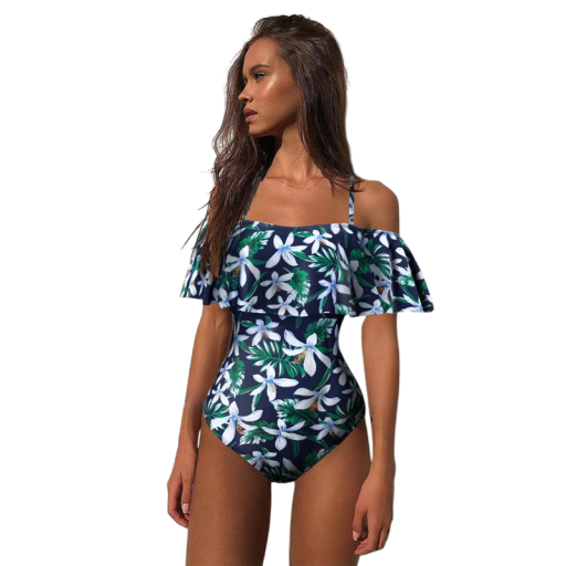 Fato de banho feminino com estampado de flores Decote em O Alças finas Com babados Poliéster Spandex Fato de banho para o mar e piscina