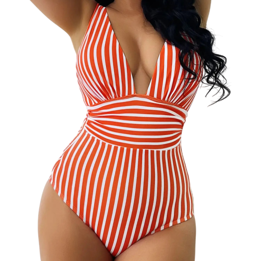 Fato de banho feminino de uma peça com padrão riscado e decote profundo em poliéster e elastano, fato de banho para a praia e natação