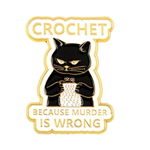 Fekete macska brosúra CROCHET felirattal kb. 3,3 x 3,1 cm fekete-fehér kitűző kötés mintával kabátra hátizsák stílusos kiegészítő