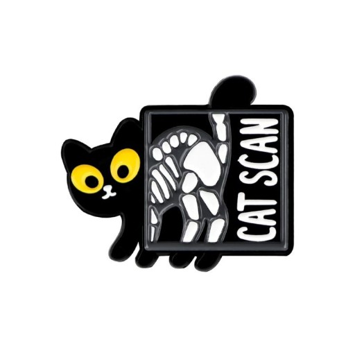 Fekete macska kitűző röntgenmotívummal CAT SCAN kb. 3,3 x 3,1 cm dekoratív pin felirattal hátizsák ruházati kiegészítő