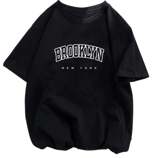 Fekete női rövid ujjú póló Brooklyn New York-i mintával Laza, városi stílus Puha pamut anyag Kényelmes, kerek nyakkivágással