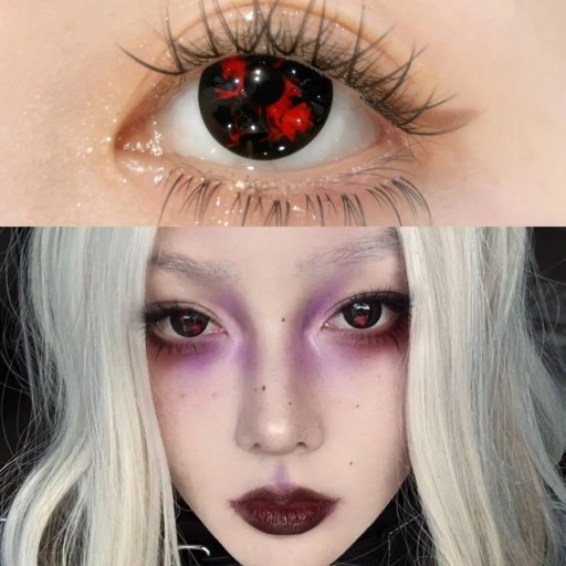 Fekete színes kontaktlencsék vörös repedt ér hatással, puha hidrogel cosplay dizájn, átmérő 14.5 mm, 6 hónapos