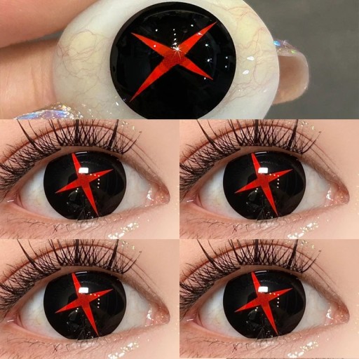 Fekete színű színes kontaktlencsék piros kereszt mintával puha hidrogel anime cosplay hatás 14,5 mm átmérő 6 hónapos