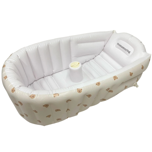 Felfújható gyerek fürdőmedence medve mintával, 90 × 55 × 30 cm, PVC anyag, fehér szín, csecsemők és kisgyermekek fürdetésére