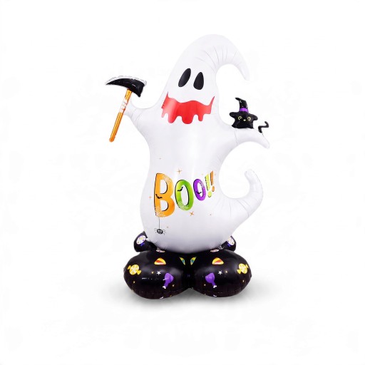 Felfújható szellem Boo felirattal Álló léggömb Halloweeni dekoráció 82 x 120 cm Fehér fekete talppal Halloween parti díszítés